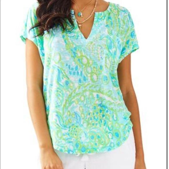 Lilly Pulitzer DUVAL NOTCH-NECKLINE LINEN-TOP XS - Picture 1 of 7